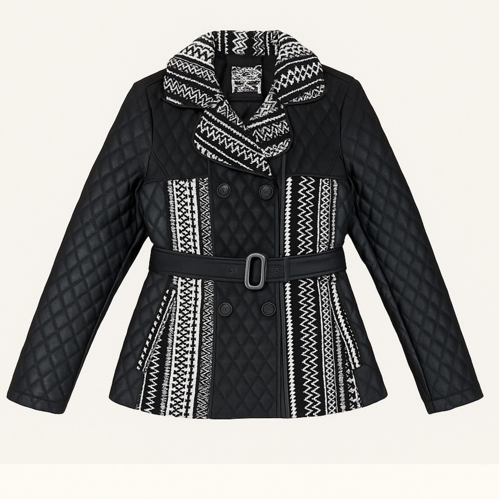 Coco & Tashi Faux Leather Quilted Wool-Print Belted Jacket | Size Small